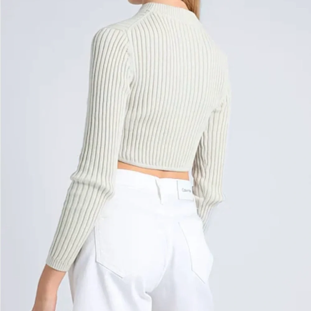 Calvin Klein Beige Ribbed Cropped Long Sleeve Top Sweater - Picture 2 of 8